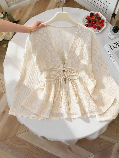 PARARAL Large Size Women's Spring And Summer Fashion, Simple, Everyday, Solid Color Textured Fabric, Deep V-Neck With Tie, Contoured Waist, A-Line, Long Sleeves, Summer Outfit, Women's Travel And Vacation Outfit, Women's Daily Outfit