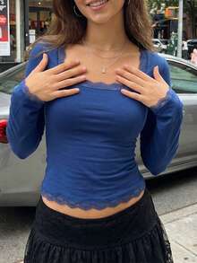 Y2k Flare Long Sleeve Crop Tops For Women Lace Trim Square Neck Low Cut Stretchy Blouses Sexy Slim Fit T Shirt Going Out Tops Party Clubwear Streetwear Spring Summer Fall Aesthetic Clothes - 藍色 - 查看 3