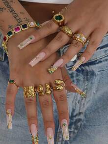 7件套不对称水钻镶嵌开口戒指套装，超大仿宝石戒指，适合女性日常、约会、派对、音乐节叠戴