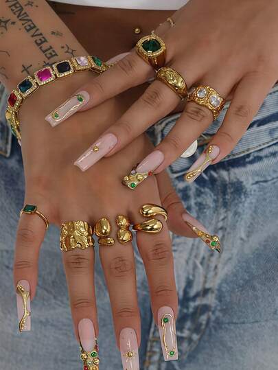 7pcs Asymmetrical Rhinestone Inlaid Open Ring Set, Oversized Faux Gemstone Rings, Suitable For Women's Daily, Date, Party, Music Festival Stacking And Wearing