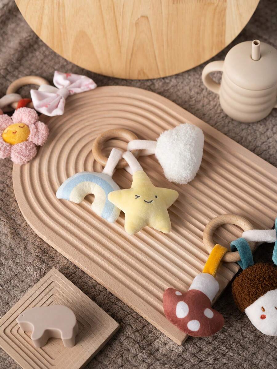 1 pieza Sonajero de madera con anillo para bebé, juguete de peluche suave para dentición, diseño lindo de bellota, estrella y flor, juguete sensorial para recién nacidos, bebés y niños pequeños, accesorio esencial y regalo de viaje - Multicolor - Ver 1