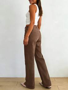 春季女士中腰复古直筒牛仔裤，修身高腰效果简约休闲牛仔裤，时尚百搭长裤。 - 咖啡棕 - 查看 6