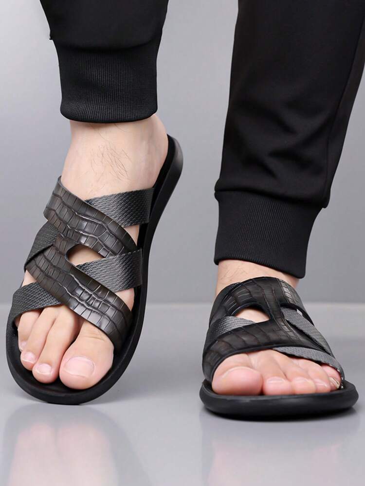 Sandalias casuales de playa para hombre de talla grande con estampado de árbol brillante y color de contraste, sandalias de verano - Negro - Añade 7