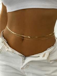 1pc Fashionable Sexy Chic Metallic Double Layer Snake Bone Body Chain Waist Chain, Minimalist Sensual Beach Resort Style Metal Snake Bone Chain Body Jewelry, Suitable For Women's Daily, Resort, Party Wear - Gold - View 2