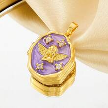 1件时尚项链吊坠，DIY饰品，百搭造型，独特创意彩色珐琅水钻照片盒铜镀金项链吊坠，女士款