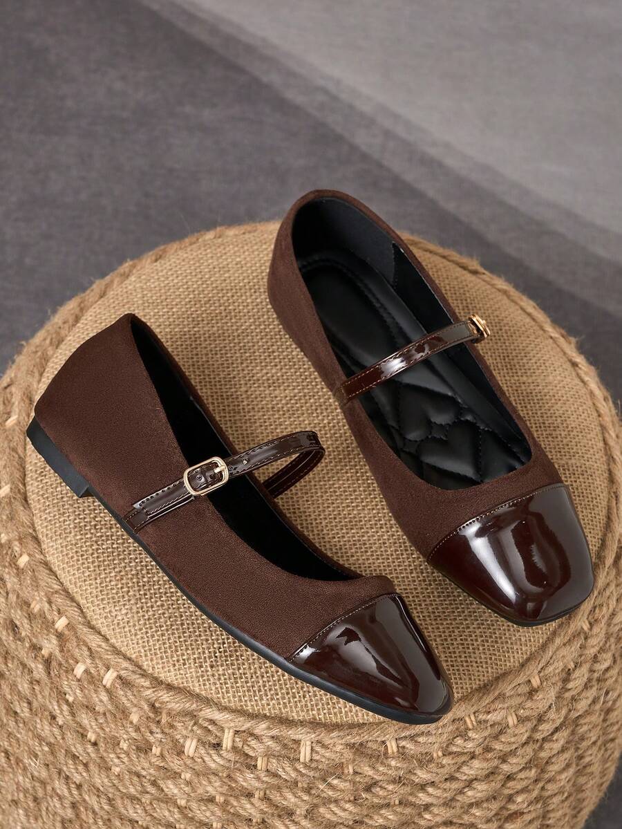 MonaNise 女士时尚方头棕色拼接杏色蝴蝶结平底鞋，休闲户外高端黑白、酒红色、卡其色、黑色百搭鞋