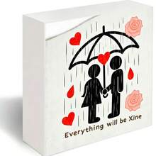 Decorative Wooden Box With Black-And-White Stick Figures Holding Hands Under Black Umbrella, Red Hearts & Raindrops, Light Pink Roses, Stylized 'Everything Will Be Xine' Text - Romantic Thoughtful Gift For Couple, Anniversary, Valentine's Day - White - View 6