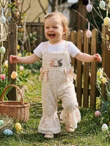 Toddler Baby Girl Easter Outfit Overalls Bunny Cross Lace Romper Cute Gingham Bell Bottom Suspender Jumpsuit - 杏色 - 查看 5