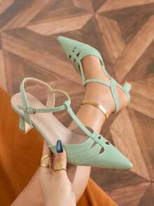 PU皮革镂空高跟鞋，街头风，适合万圣节派对、春夏穿着 - 綠色 - 查看 3