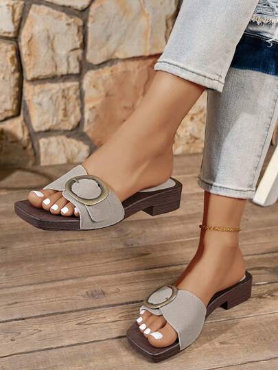 Dams retro träfibrer, söta spänne-strandtofflor för sommaren utomhus, avslappnade halkfria flip-flops