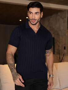 Men's Chic Lightweight Textured Knit Sweater Shirt, High Quality, Perfect For Autumn And Winter, Father's Day. - 藏蓝色 - 查看 8