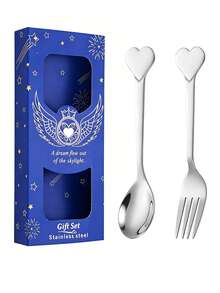 1 pièce/2 pièces Set de fourchette et cuillère en acier inoxydable en forme de cœur, set de couverts pour couple avec boîte cadeau, cadeau de la Saint-Valentin - Multicolore - Voir 17