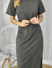 Cotton Midi Dress With Pocket - Dark Grey - View 2