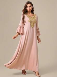 Non-Positioning Flower Lantern Sleeve Applique Arabic Dress - Pink - View 3