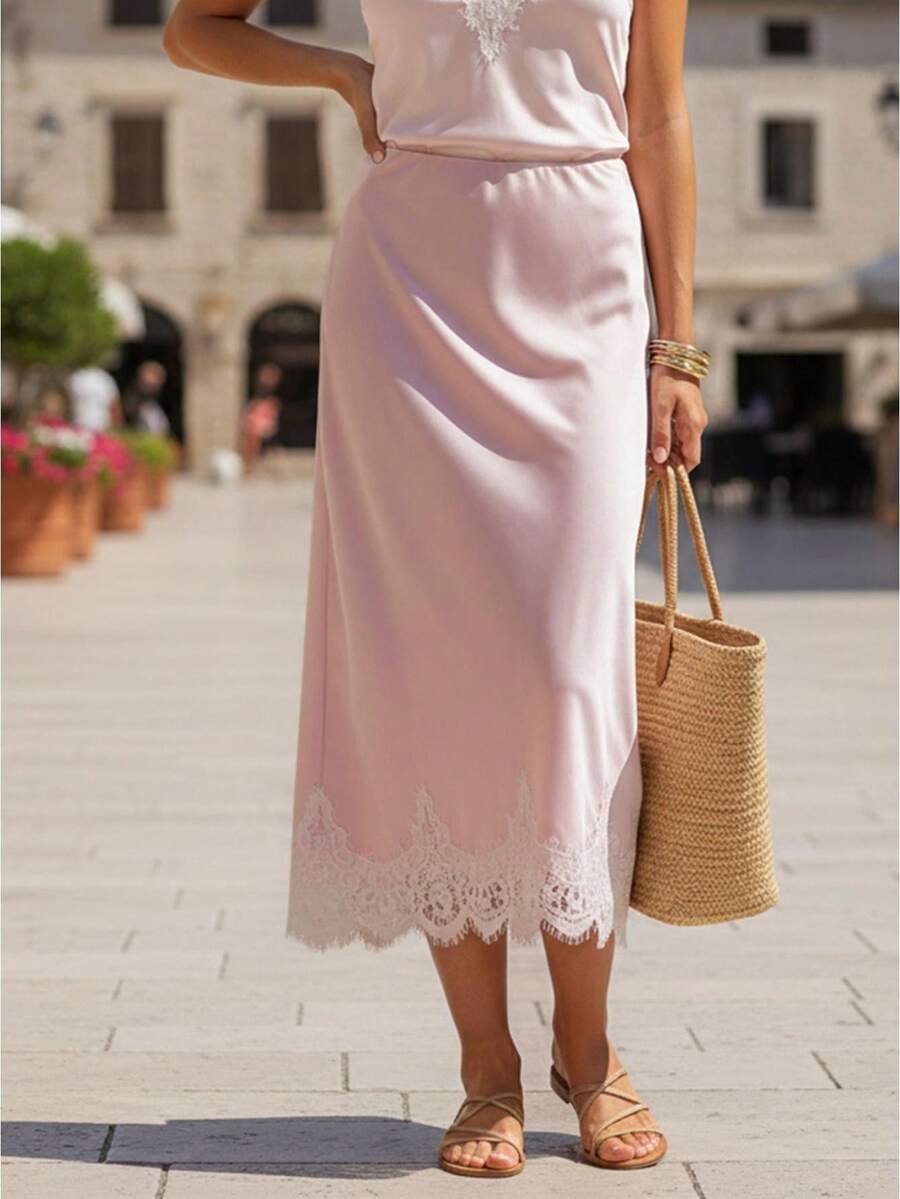 Women Spring Summer Casual Fashion Silk Satin Half Slip Long Skirts Lace Patchwork Low Elastic Waist Long Skirt Elegant Silky Flowy A Line Midi Skirts Daily Beach Vacation Party Club Festival Birthday - 粉色 - 查看 1