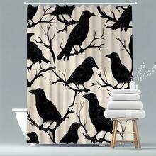 1Pc Gothic Crow & Floral Shower Curtain, Black & White Botanical Print, Machine Washable Polyester With 12 Hooks, Modern Elegant Bathroom Decor, Smooth Texture Fabric For Stylish Home Aesthetics, Bathroom Decor And Accessories - 顏色8 - 查看 7