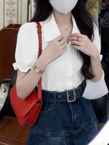 泡泡袖褶皱 Polo 领宽松短袖衬衫 - 白色 - 查看 10