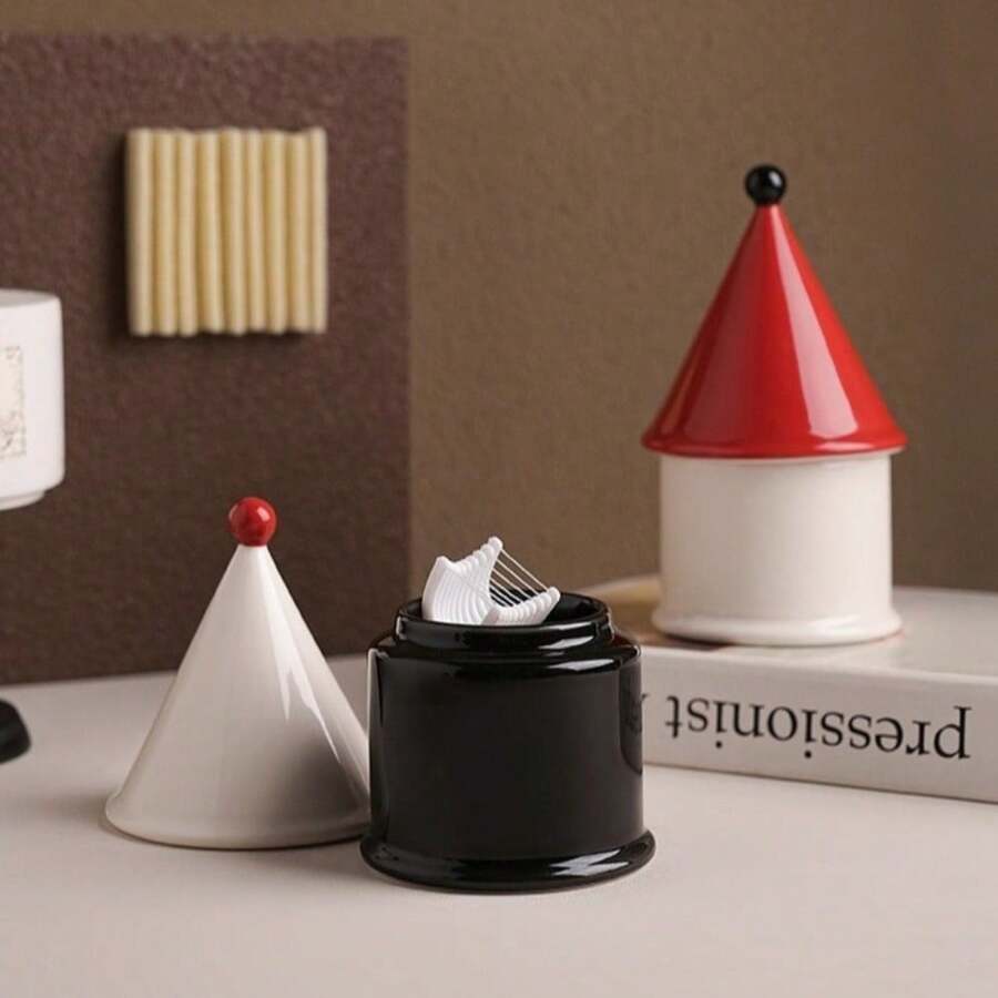 Modern Minimalist Toothpick Box - Elegant House-Shaped Organizer With Open Lid, Beige & Red Accent Table Decor Dining, Bathroom, Office - Multi-Purpose Storage Toothpicks, Floss, Swabs - Luxury Decoration Idea, Decorative Toothpicks - 紅色 - 查看 1
