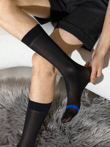 6双/4双/2双/1双男士黑色条纹过膝袜，轻盈透气亮面丝绸袜，时尚绅士套装 - 彩色 - 查看 3