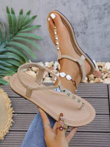 新款春夏时尚女式绑带拖鞋，黑色、米色、棕色休闲罗马风一脚蹬凉鞋；纯色厚底编织舒适沙滩凉鞋；博主推荐厚底凉鞋；夏季沙滩鞋；优雅搭扣低跟圆头拖鞋；防臭防滑棉质面料串珠装饰简约户外拖鞋；百搭平底一脚蹬女式凉鞋 - 卡其色 - 查看 3