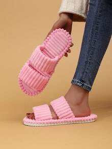 女士条纹优雅布艺拖鞋，时尚家居服，四季皆宜 - 粉色 - 查看 5