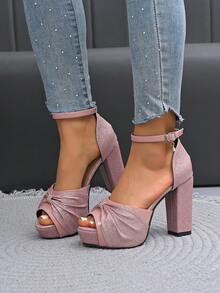 Women's Fashion Comfortable Round Toe Peep-Toe Rhinestone Embellished Open Toe Ankle Strap Buckle Design Outdoor Casual Versatile Dance Party Platform Chunky High Heel Sandals, Pink - Pink - View 6
