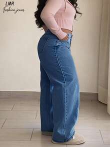 Quần jeans nữ dáng suông, cạp trung, dáng rộng, cơ bản, tối giản, thoải mái và đa năng cho trang phục đường phố hàng ngày. - Rửa tối - Xem 5