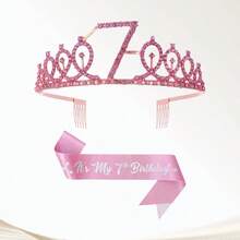 2pcs Pink Crown Headpiece Set, Includes Cute Sweet Birthday Crown, Party Headband, Shoulder Strap Decor With Rhinestones