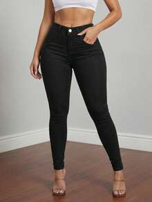 Women's High Waisted Solid Black Skinny Jeans - Basic Slim Fit Bodycon Denim Pants Soho Minimalist Essentials - 黑色 - 查看 1