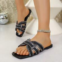 沙滩拖鞋，舒适平底凉鞋，时尚编织镶钻度假鞋