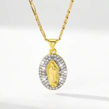 1pc Classic European Style Copper Inlaid Zirconia Guadalupe Virgin Mary Pendant Necklace, Limited Edition, Suitable As Gift For Christmas, Thanksgiving, Halloween, Mother's Day, Valentine's Day, Friends, Godparents, First Holy Communion, Daily Wear And Prayer - Yellow Gold - View 8