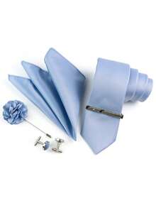 ZONFAZ 5件套男士商务正装领带、手帕、袖扣、胸针、领带夹组合套装，适合西装、婚礼和派对等场合。 - 霧霾藍 - 查看 5