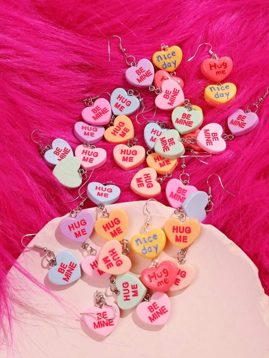 1 对树脂可爱“拥抱我甜心”彩色心形长吊坠耳环，女士情人节节日礼物珠宝 - 彩色 - 查看 1