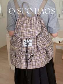 1pc Fashionable Plaid Multi-Pocket Nylon Casual Backpack, Waterproof Lightweight Foldable Drawstring Patch Letter Travel Bag - Multicolor - View 8