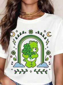 Women Green Festival Care Bear Holding Clover Rainbow Design Pure Cotton Casual Round Neck T Shirt Soft Comfortable For Spring Summer Wear - trắng - Xem 6