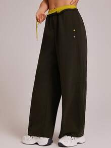 VUTRU High Waist Contrast Waistband Sports Wide Leg Pants, Casual Straight Leg Trousers