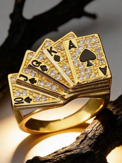 1 pieza Anillo vintage de hip-hop para hombre | Diseño as de corazones, joyería con temática de póker para uso casual y formal, accesorio de declaración, piedras de circonita sintética con diseño de naipes, metal duradero, joyería duradera para uso diario tanto casual como formal