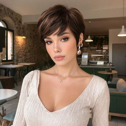 1/30 Peluca de cabello humano corto, y con capas de color, con flequillo, peluca de encaje completo sin pegamento, peluca marrón de moda diaria, peluca de uso rápido