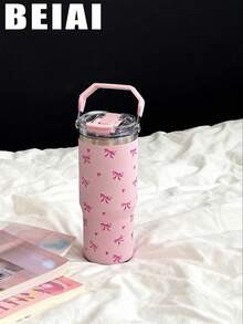 1pc 900ml Cute Bow Pattern Double Wall Stainless Steel Insulated Tumbler, Flat Bottom Cup, Coffee Cup, Car Cup, Cup, Water Bottle, Outdoor Water Bottle, Tea Cup, Vacuum Bottle, With Drinking Spout And Straw Design, Suitable For Outdoor, Office, Home, School, Car, Gym, Travel, Birthday Gift, Holiday Gift, Mother's Day Gift, Father's Day Gift, Back To School, Valentine's Day Gift - Multicolor - View 6