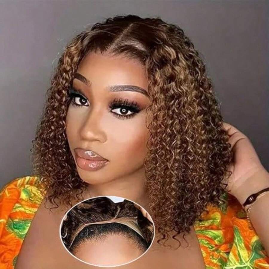 DOmbre Highlight Gluel Wigs Human Hair Pre Plucked Pre Cut Deep Wave Bob Wig Human Hair 4/27 Lace Front Wigs For Beginners Upgraded No Glue 4x4 Lace Closure Gluel Wigs For Black Women 12 Inch - Gluelessbobwig427Highlight - Xem 1