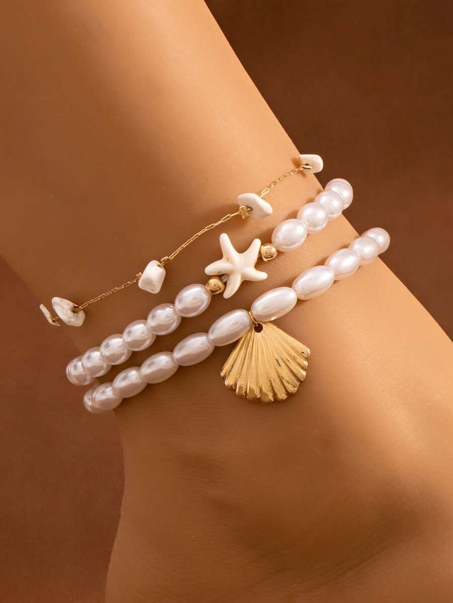 3er/Set modisches Fußkettchen mit Kunstmuschel & Seestern Perlen und Kette, Damen Urlaubs-Lässig-Mode Fußkettchen Schmuck - Stil 1 - Übersicht 1