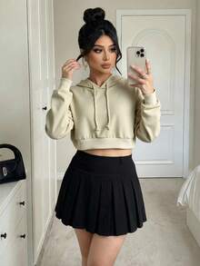 Women's Hooded Crop Top Long Sleeve Knitted Casual Drawstring Pullover Sweatshirt - Beige - View 1