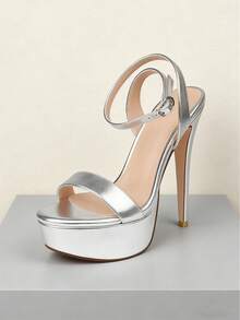 MERUMOTE Women's Platform Heeled Sandals 5.7" Thin High Heels Sexy Ankle Strap Open Round Toe Shoes For Casual,Party,Wedding,Prom Valentines - 銀色 - 查看 6