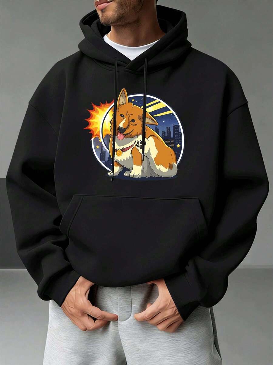 Men's Corgi Print Hoodie, Quality Fabric, Loose Fit, Casual, Breathable, New Arrival. - Black - View 1