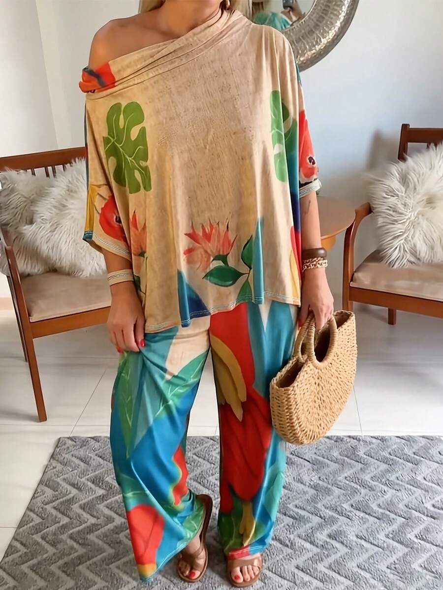 女士波西米亚风两件套度假套装,采用略带弹性的面料制成,包含上衣和阔腿裤。非常适合夏季穿着。优雅 - 彩色 - 查看 1