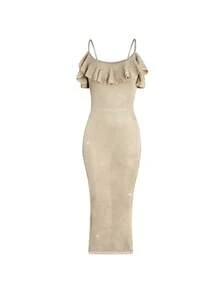 女士荷叶边性感透视休闲沙滩亮片罩衫连衣裙 - 卡其色 - 查看 7