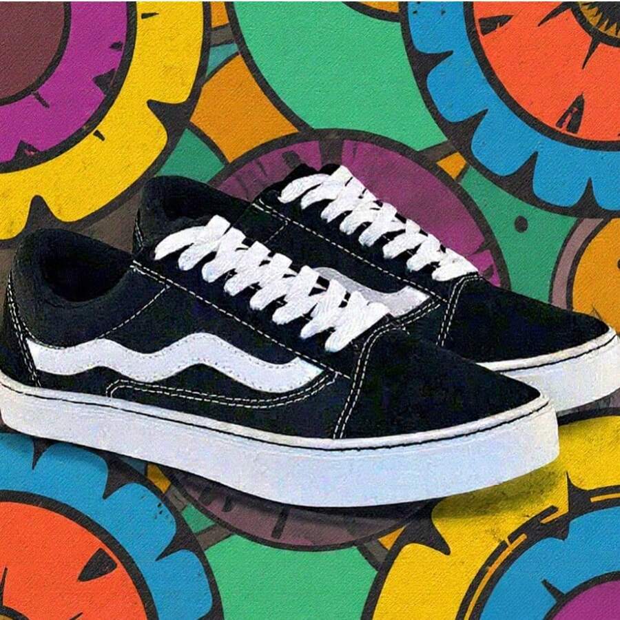 Tenis Skatista Feminino Masculino Unissex Streetwear, Tênis casual esportivo Casual Camurça Escola Férias Academia e fitness Ar livre Casual Universitário Desportivo Roupas Casual Ao ar livre Rua Casamento Escola Férias Festa Escritório Academia e fitness Ar livre  Desportivo    Amarrar    Casa - Preto e Branco - Visão 1