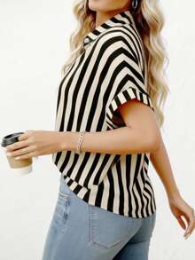 Women's Summer Casual Loose Slimming Batwing Sleeve Short Sleeve Shirt Striped Top Lapel Single-Breasted Design Folded Collar Simple Elegant Vacation - Apricot Curry - View 9