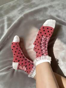 1 Pair Women's Pink Bow Polka Dot Pattern Lace Trim Cute & Versatile Mid-Calf Socks, New Arrival Spring/Summer - Pink - View 11