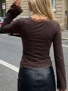 Women Y2K Lace Patchwork Long Sleeve Crop Tops Slim Fit Square Neck Harajuku Fairy Aesthetic Tee Tops Going Out Tops Tshirt Outfits - 棕色 - 查看 6